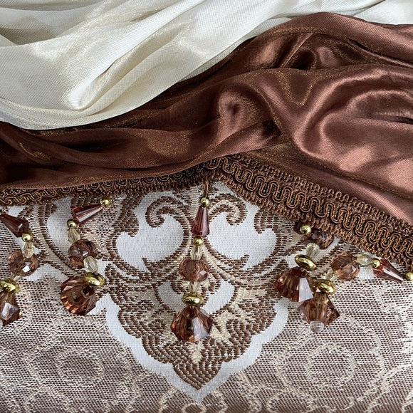MARILYN  BROWN Jacquard  Pattern Panel Curtain w attached lace valance Brown