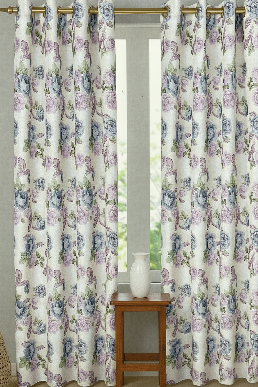 JILLIAN  Printed Floral flowers Pattern Panel Curtain  with 8 grommets Purple Beige