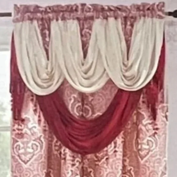 MARILYN BURGUNDY Jacquard  Pattern Panel Curtain w attached lace valance Burgundy
