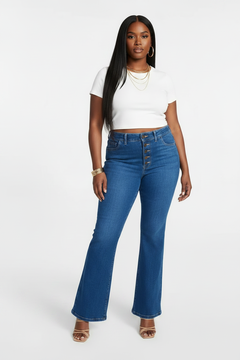 Womens PLUS Button up Corset Fitted Flare Denim Jeans Sloane Wash