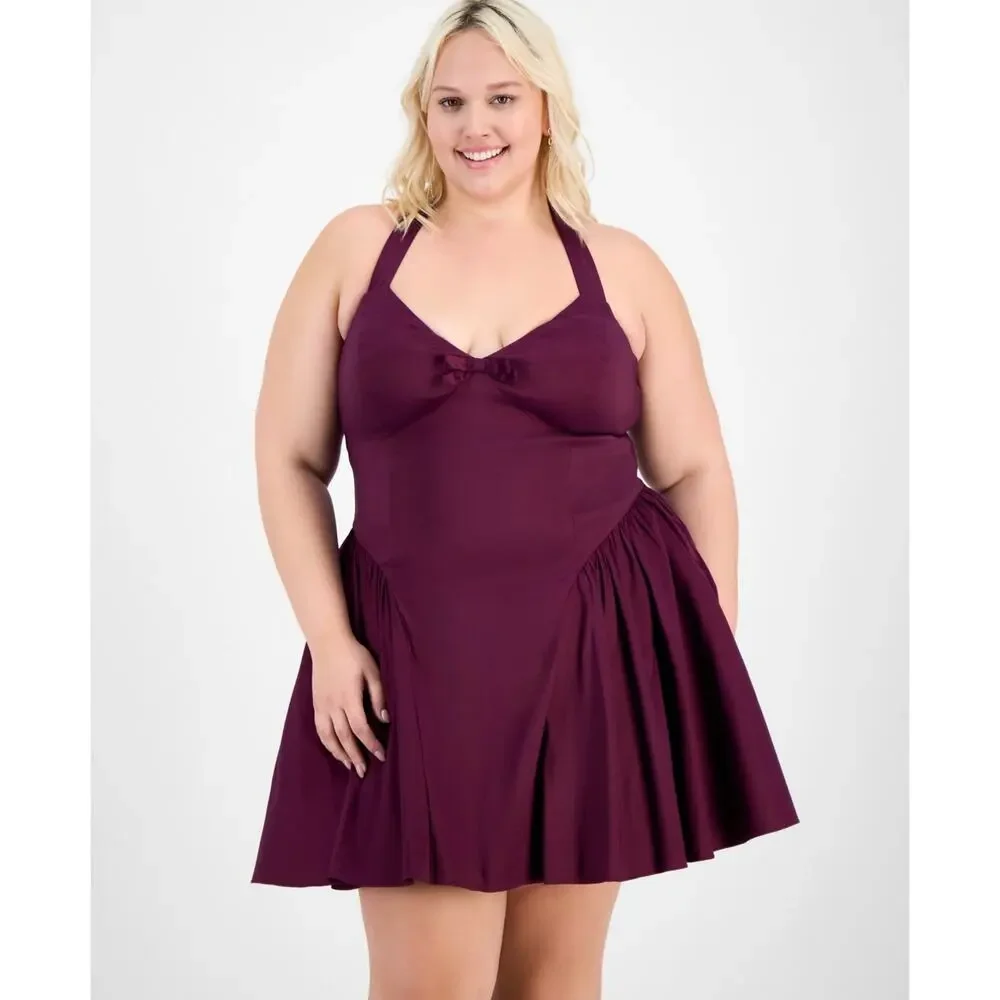 B Darlin Trendy Plus Size A-Line Halter Dress Formal Maroon