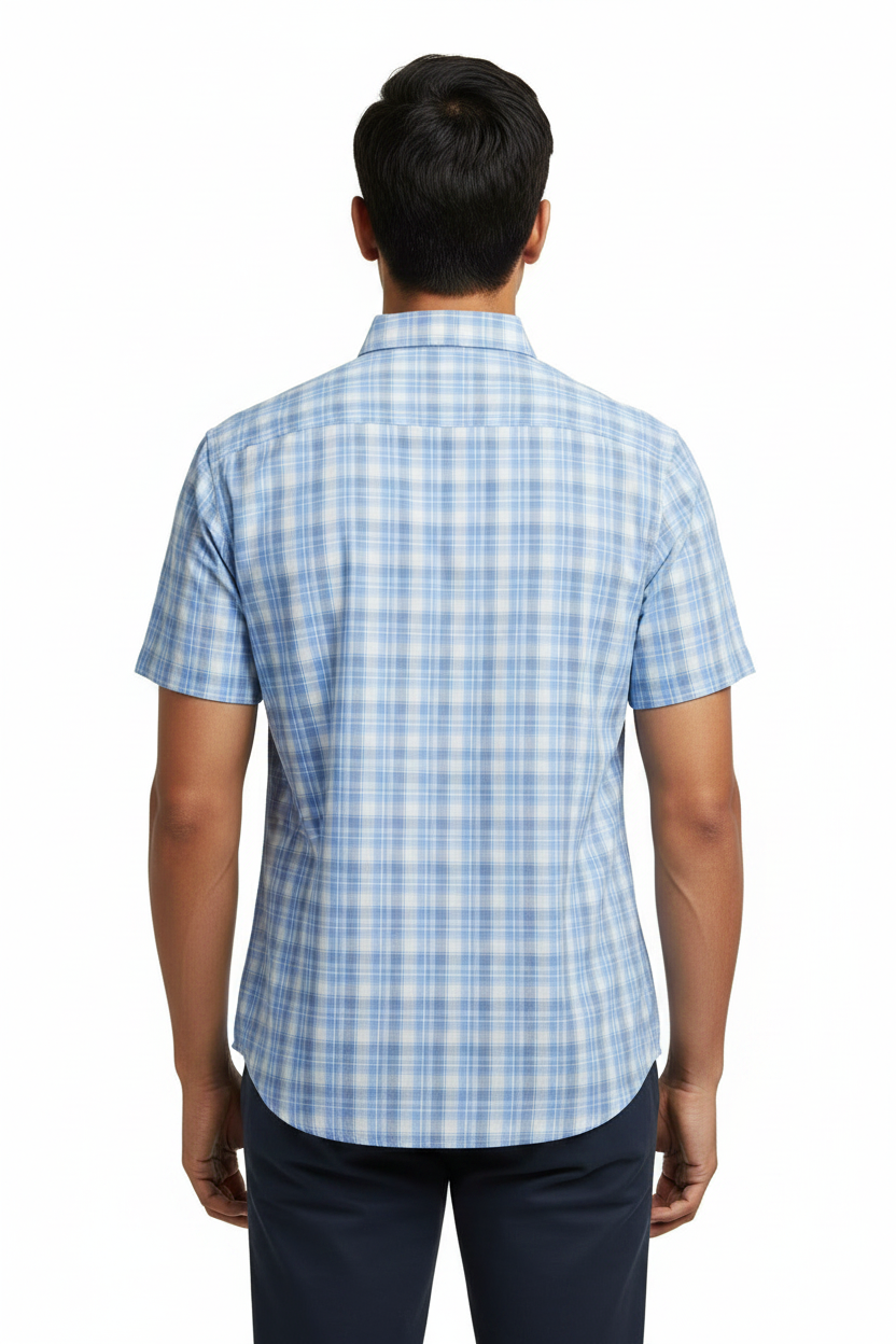 Men's Striped Blue Plaid button down 100% cotton Shirt Short Sleeve