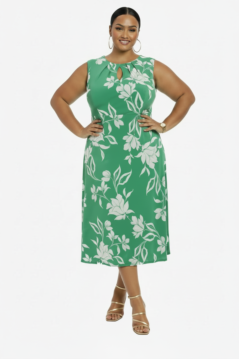 Women's PLUS SIZE Keyhole Midi Dress  Green Print