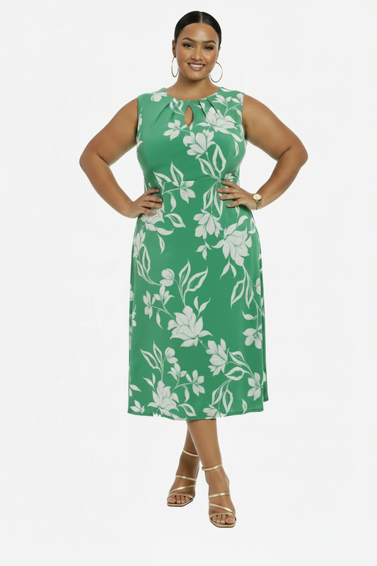 Women's PLUS SIZE Keyhole Midi Dress  Green Print