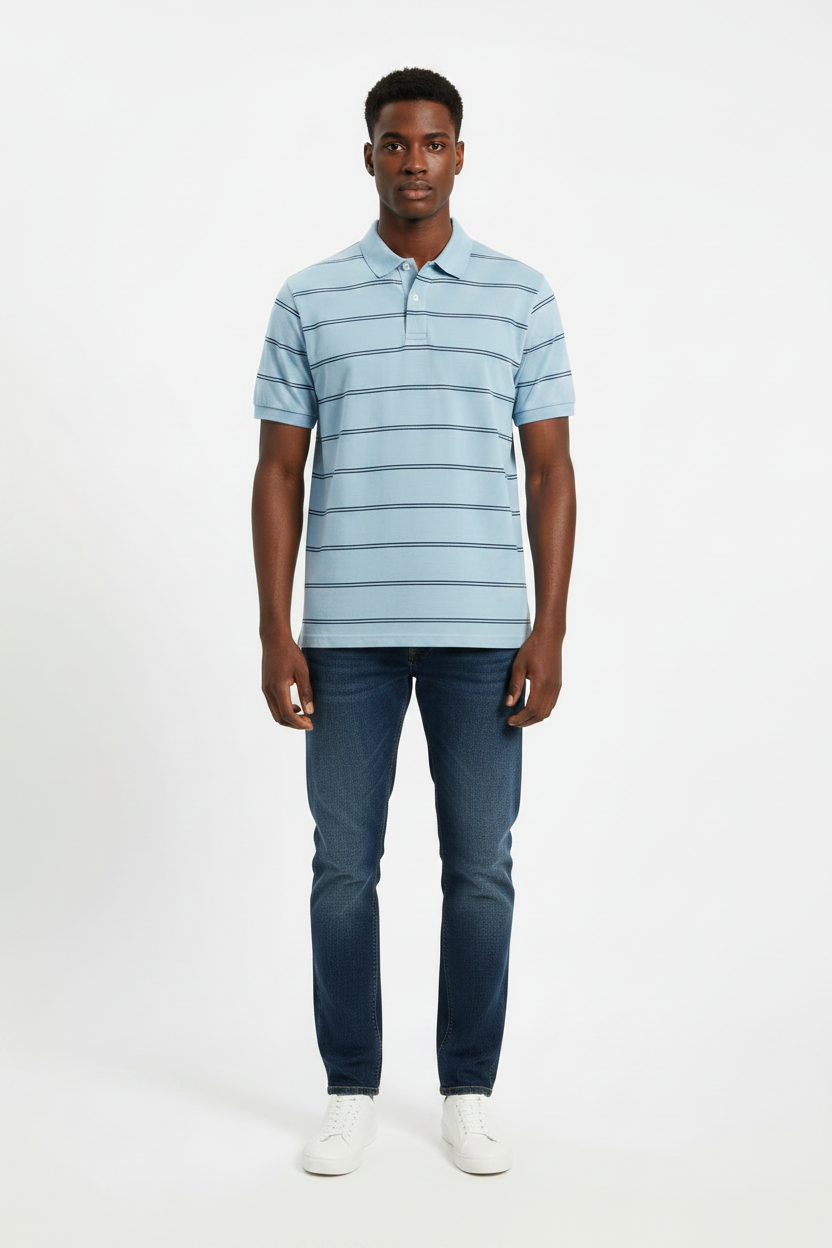 Men's Classic Fit Striped Jersey Polo for Blue Stripe