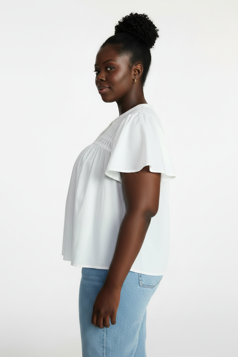 Women's PLUS  Women’s Pleated Yoke White Top with Short Flutter Sleeves