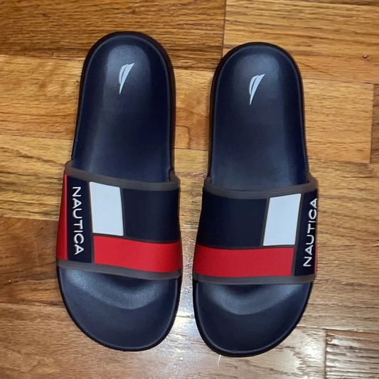 Men's Nautica Blue Clear  American Flag Print Logo Slide Slippers