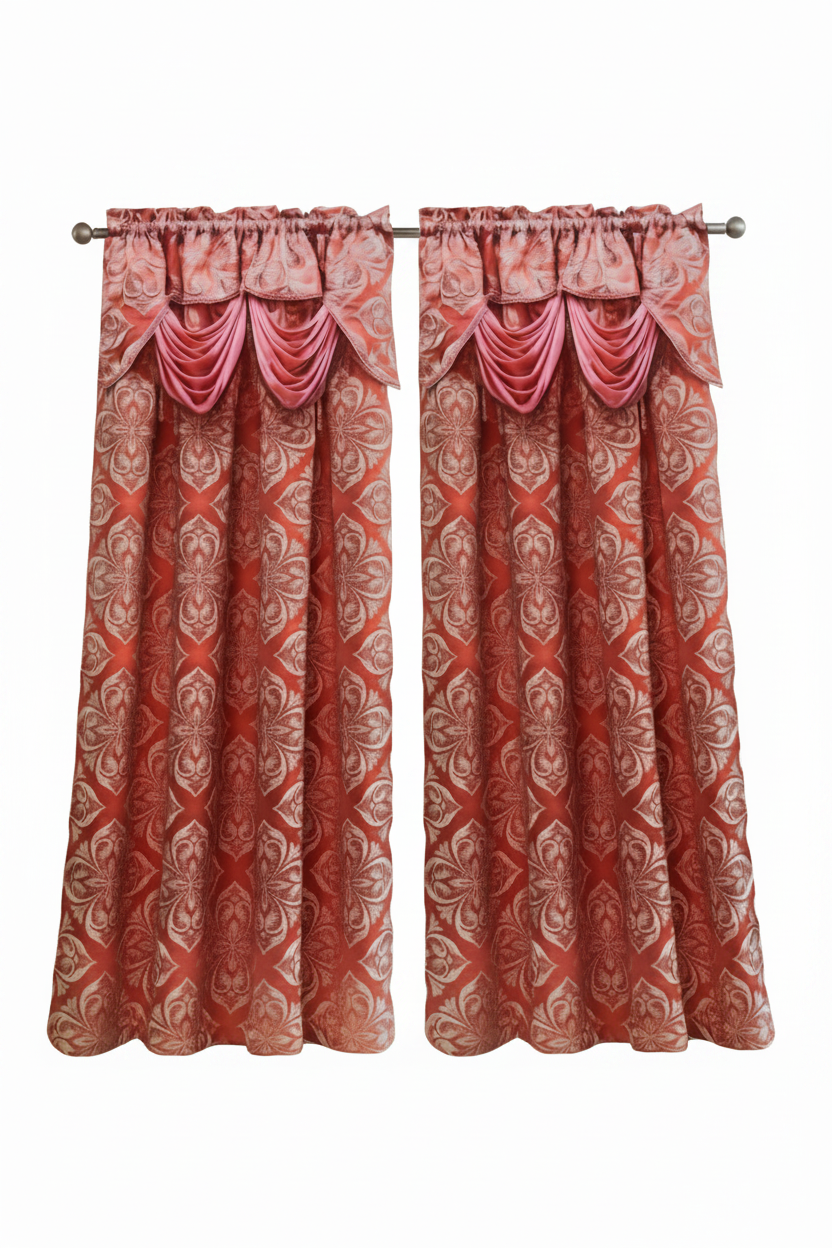 IRENE  BLUSH Jacquard  Pattern Panel Curtain w attached lace valance Coral BLUSH