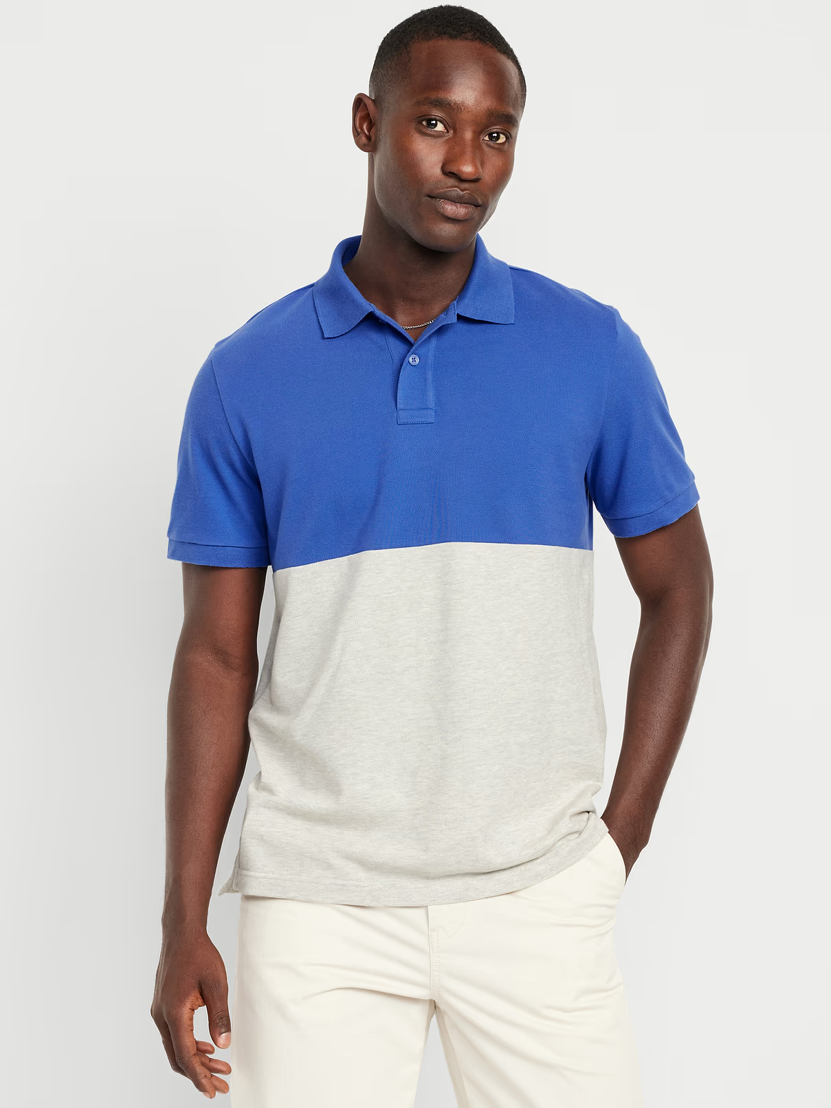 Mens button Tow Tone Color-Block Pique Polo Blue Grey