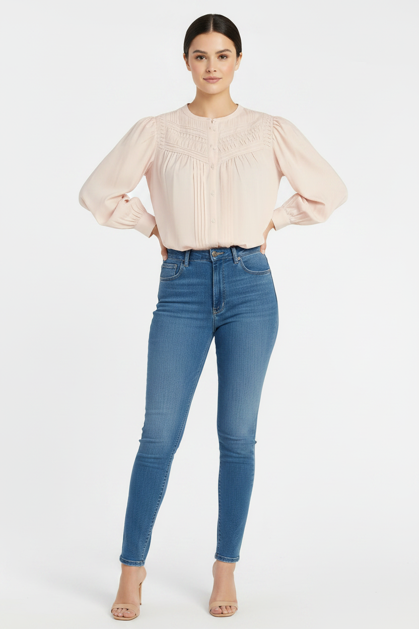 Women's PLUS SIZE Women’s Pleated Yoke PINK Long sleeve Top with