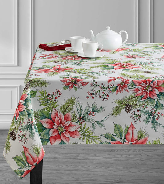 Merry Poinsettia Printed Tablecloth Holiday Christmas  60x84 Oblong