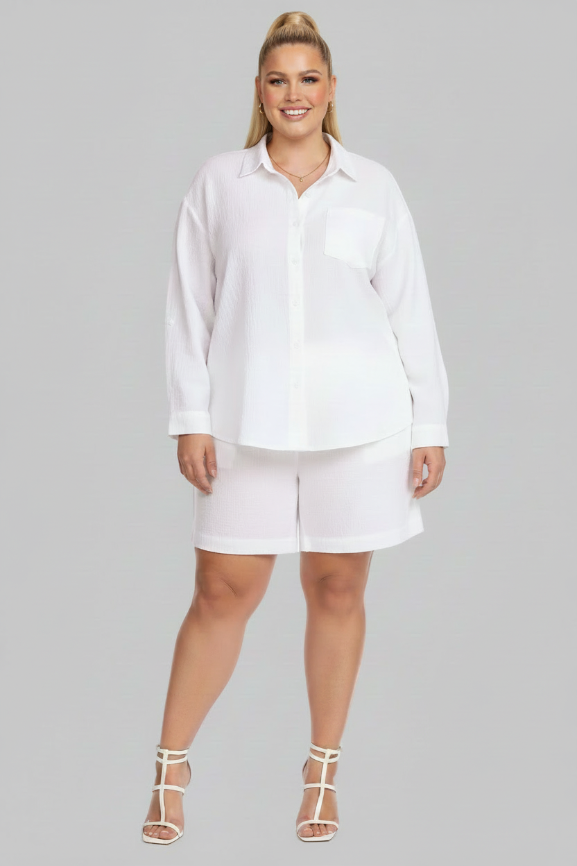 PLUS SIZE WOMEN'S 2 Piece Shirt w Shorts Outfit Set  WHITE