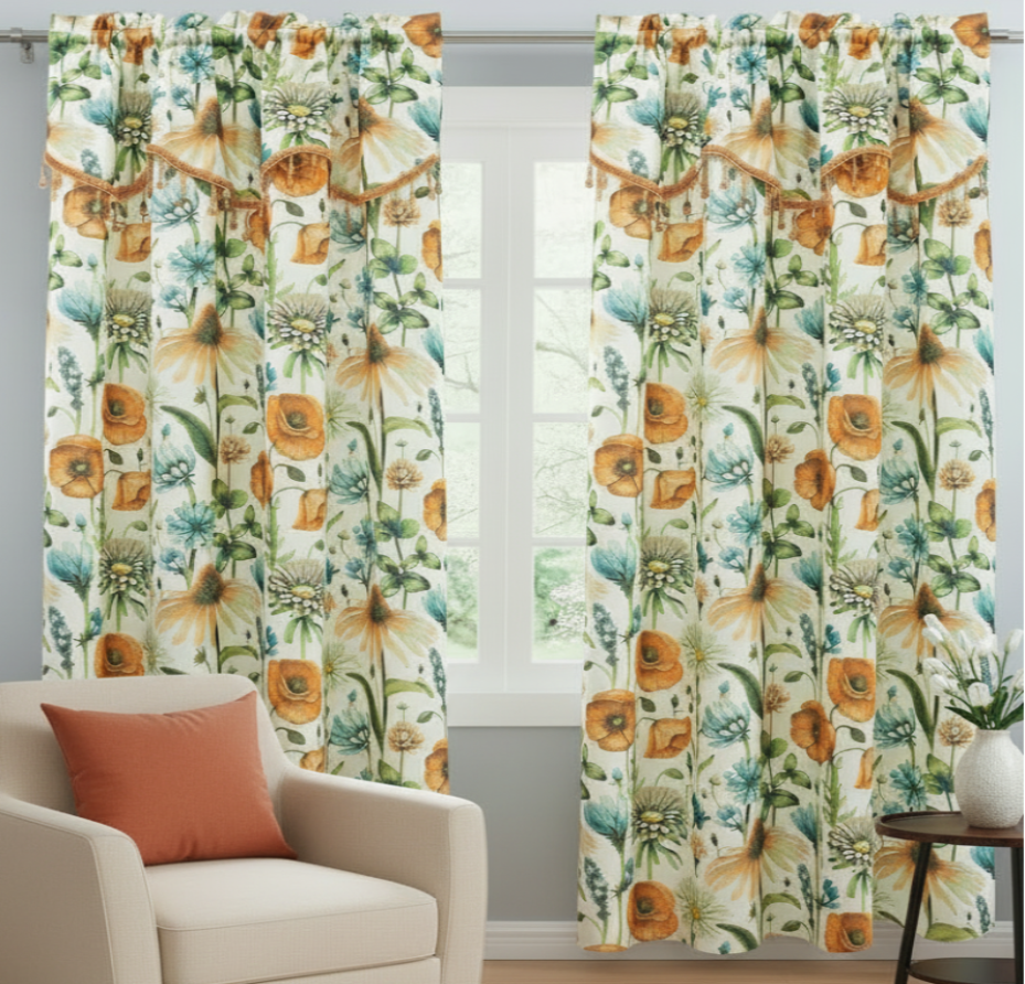 ELIZA Crepe  Pattern Panel Curtain w attached lace valance ORANGE