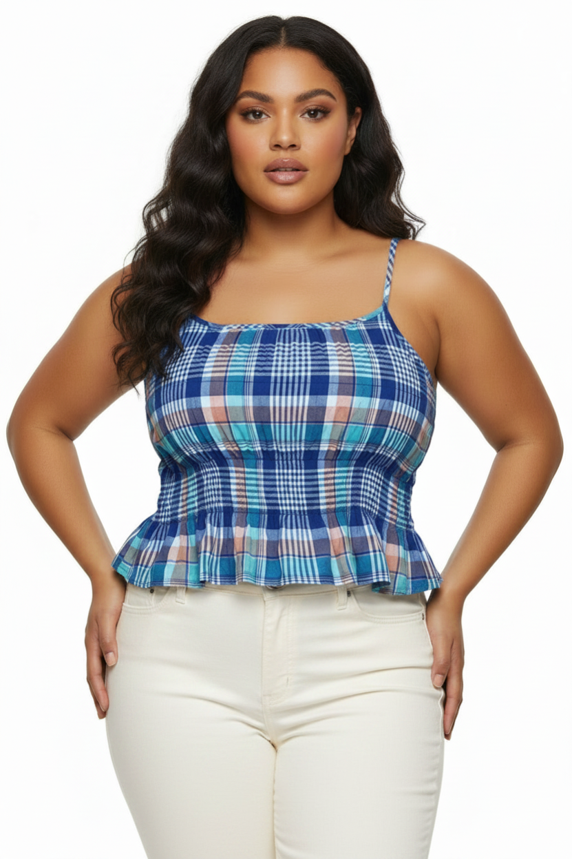 Women's Plaid Plus Size Blue Peplum Cinch-Waist Tank