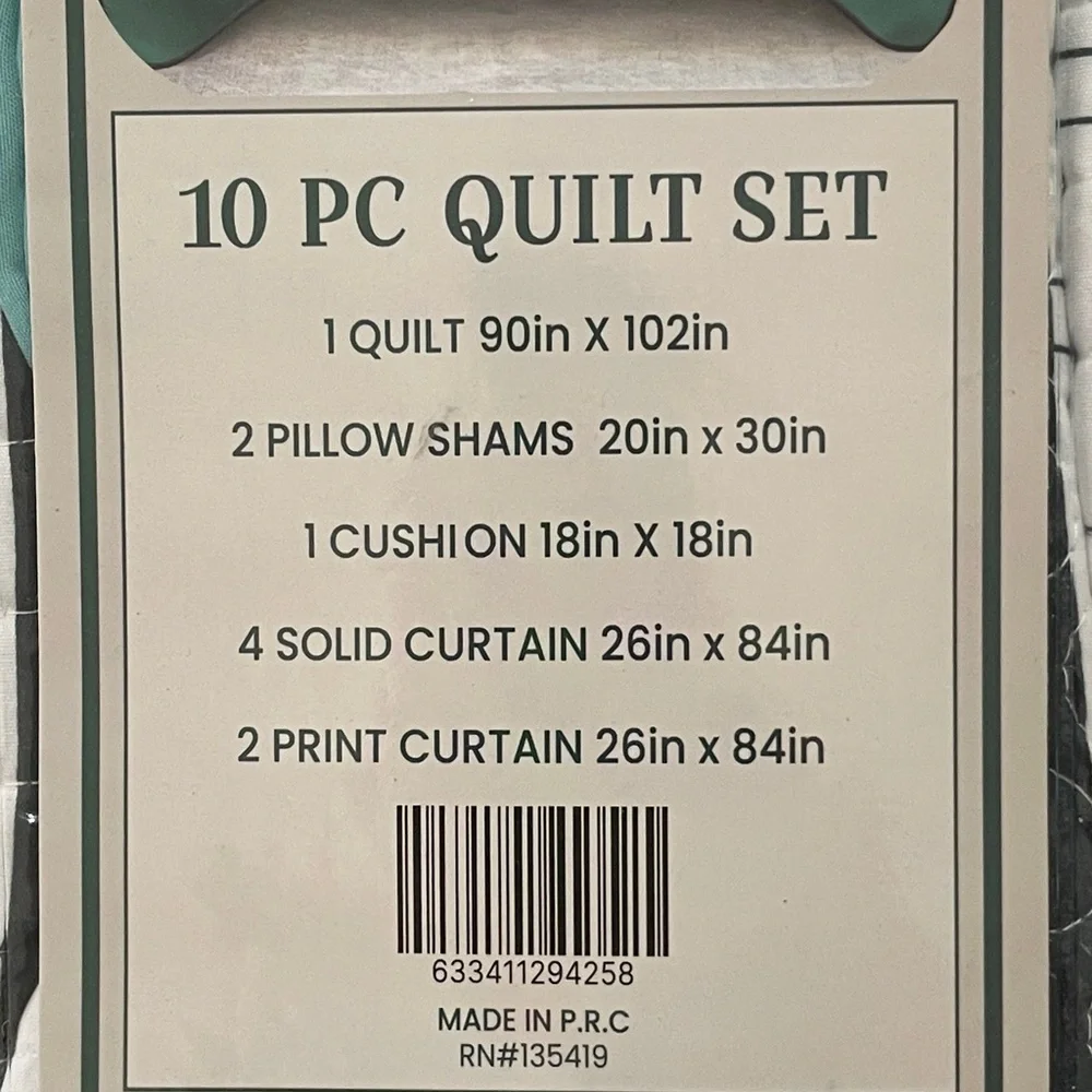 10 Piece LORDES Quilt w Sheet Set W Matching Curtains  KING BLUE GREEN