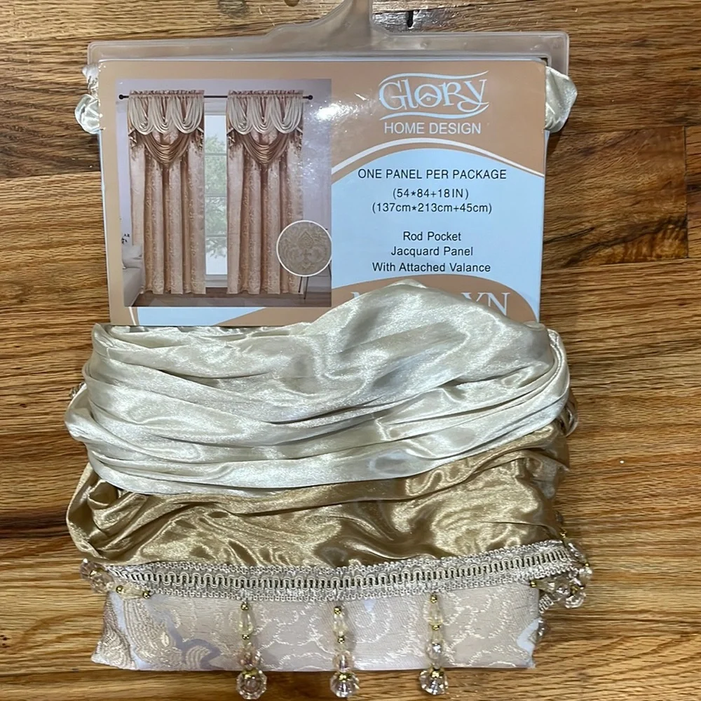 MARILYN BEIGE GOLD Jacquard  Pattern Panel Curtain w attached lace valance Beige