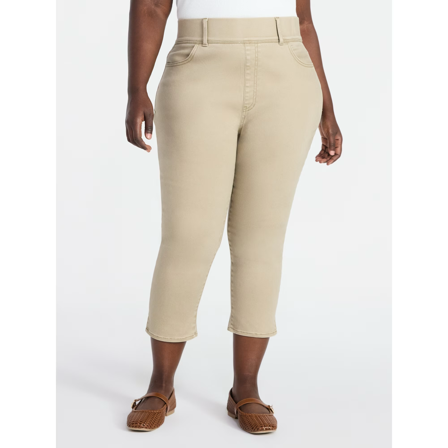 Womens PLUS Size Pull On High Rise Capri Jeggings Tan Cropped