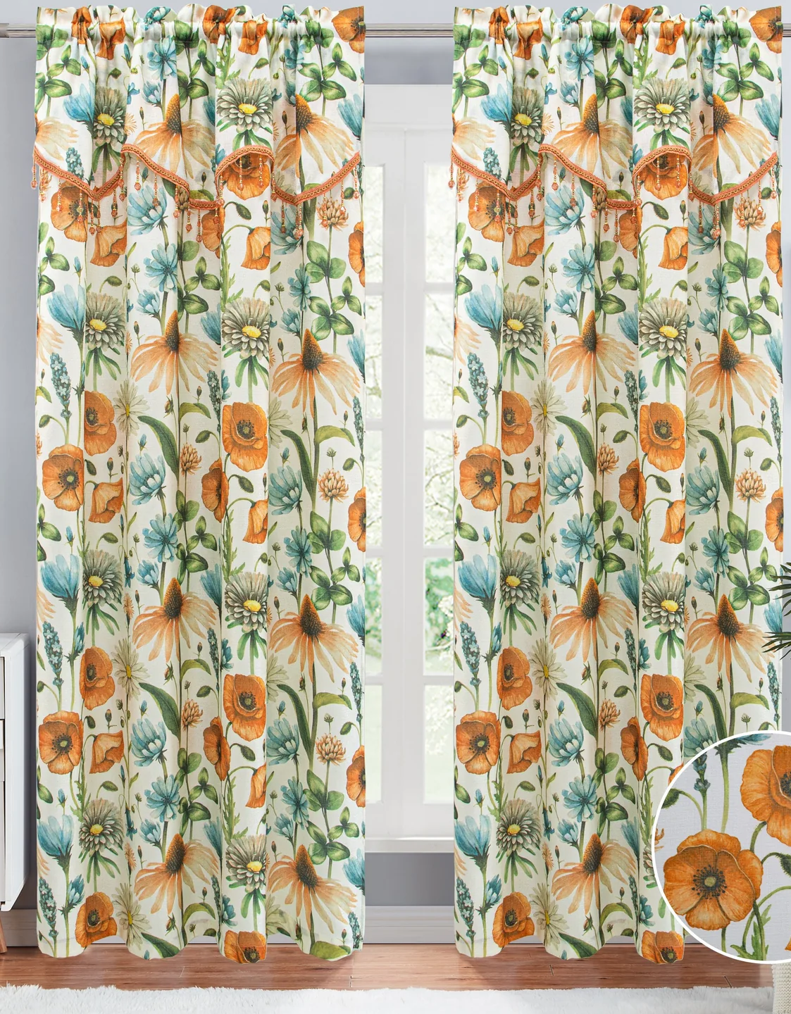 ELIZA Crepe  Pattern Panel Curtain w attached lace valance ORANGE