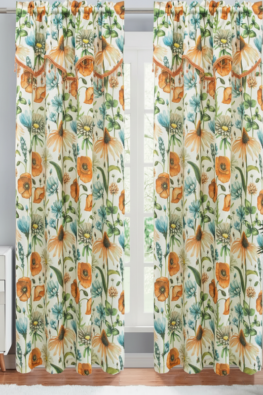 ELIZA Crepe  Pattern Panel Curtain w attached lace valance ORANGE