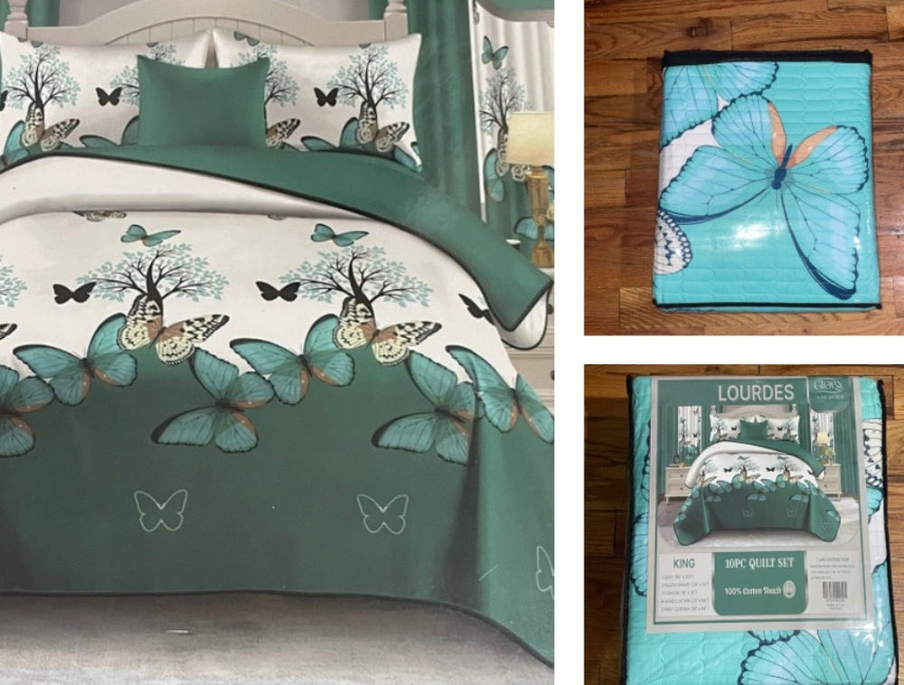 10 Piece LORDES Quilt w Sheet Set W Matching Curtains  KING AQUA BUTTERFLY