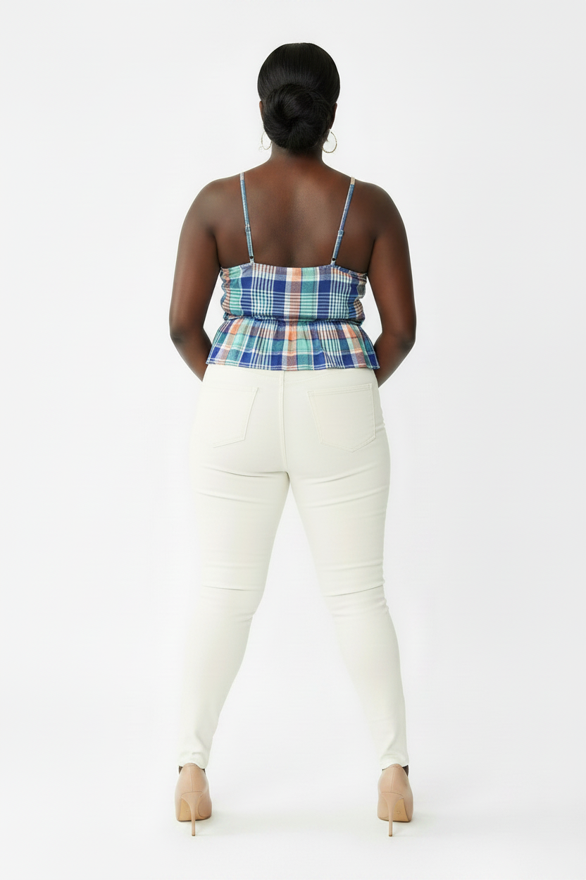 Women's Plaid Plus Size Blue Peplum Cinch-Waist Tank