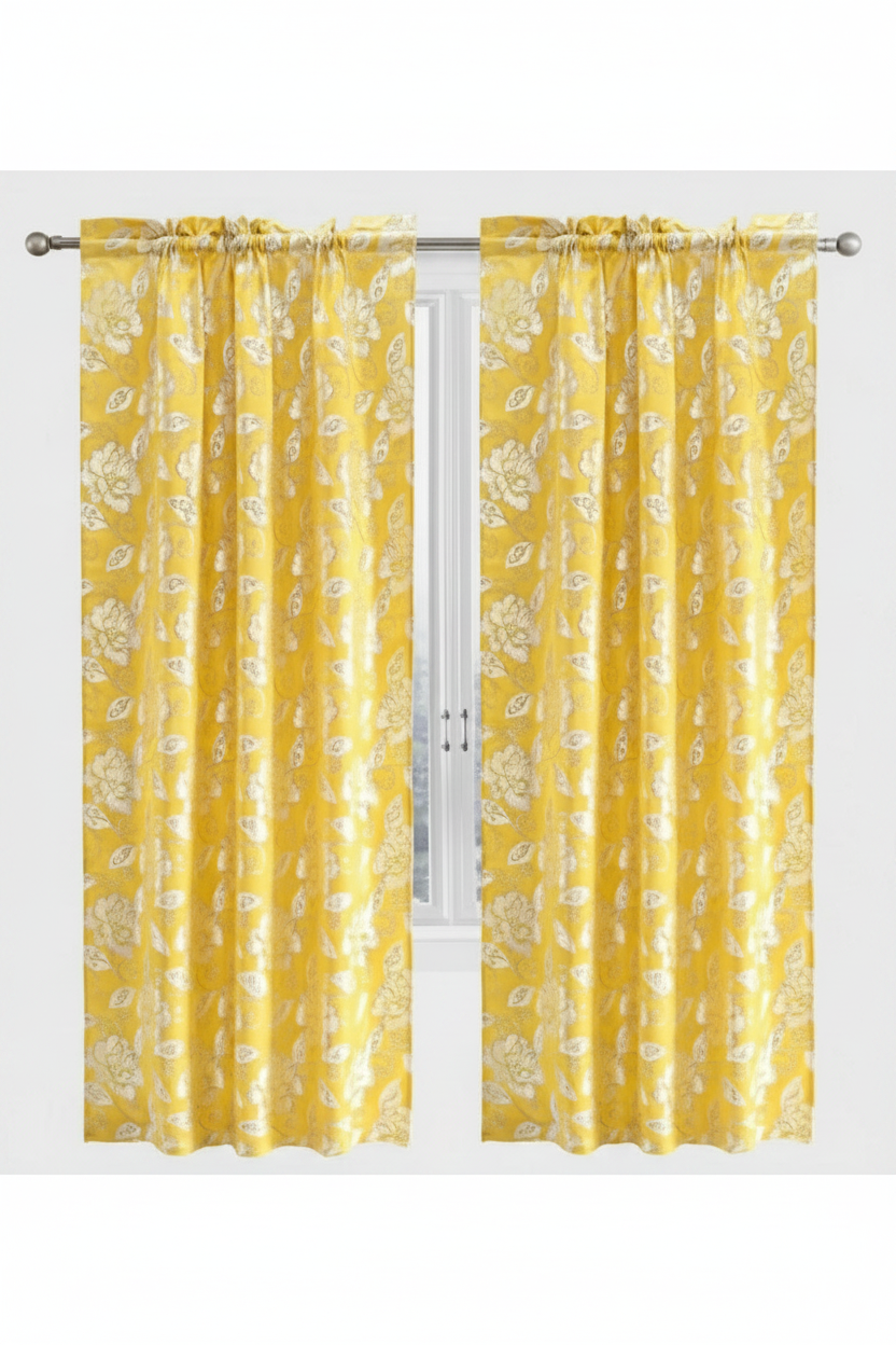 CASSIE GOLDEN  2 PCS Set  yellow Printed W Unattached Valance  Floral Pattern Panel Curtain