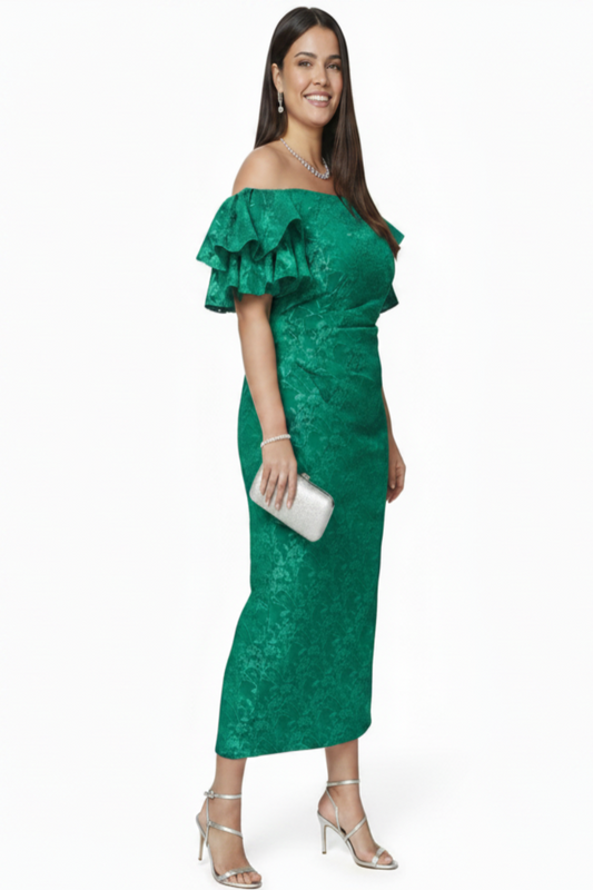 Eliza J Plus Size Off-The-Shoulder Short-Sleeve Gown Green Formal