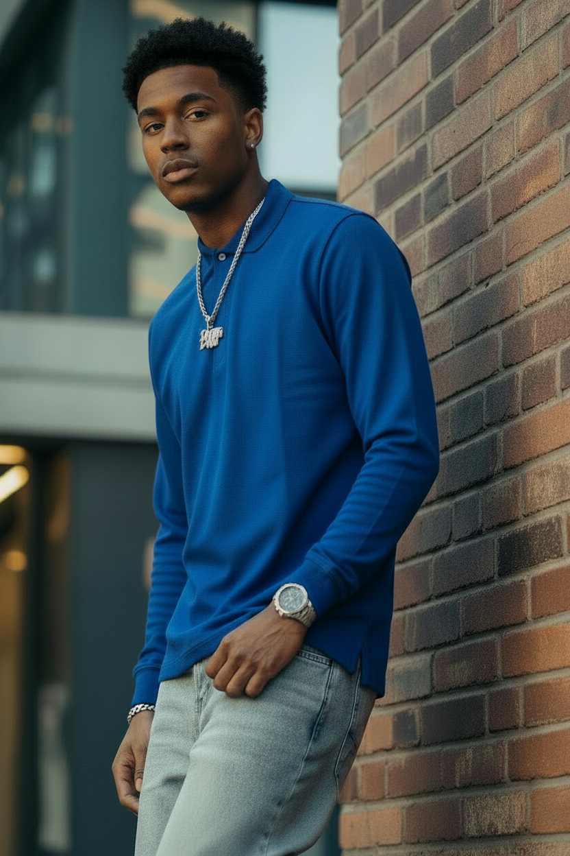 Men's 100% Cotton Long Sleeve Polo  Shirt ROYAL BLUE