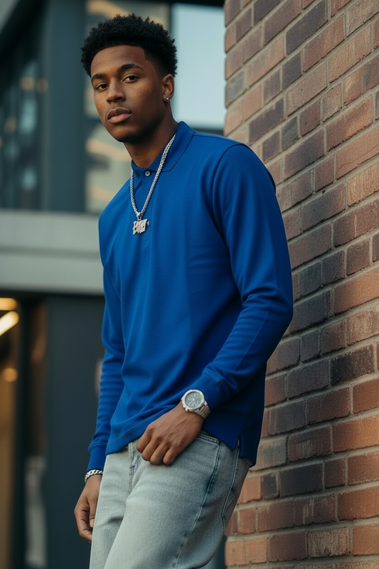 Men's 100% Cotton Long Sleeve Polo  Shirt Royal Blue