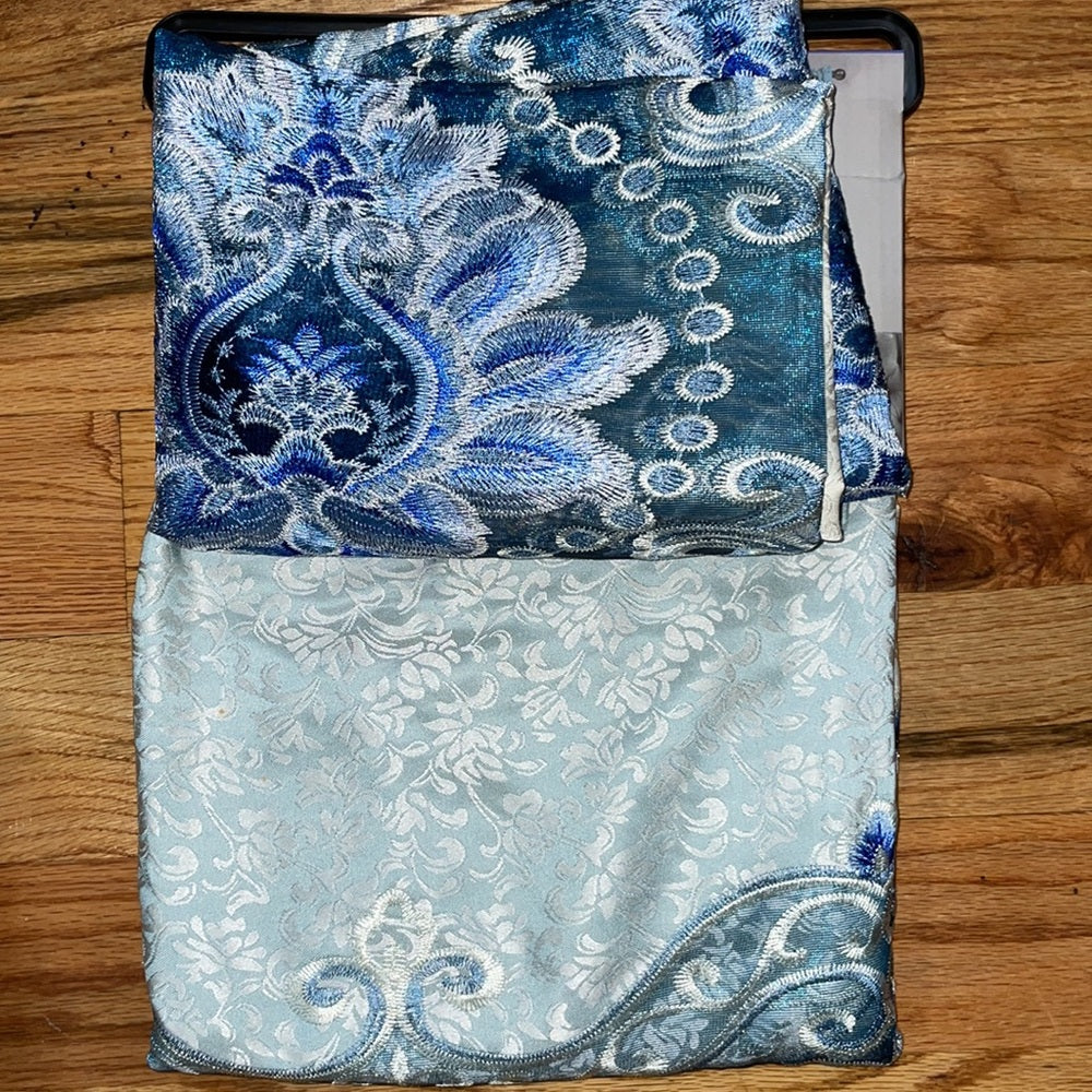 AMY BLUE Macrame jacquard  Pattern Panel Curtain w attached lace valance Blue