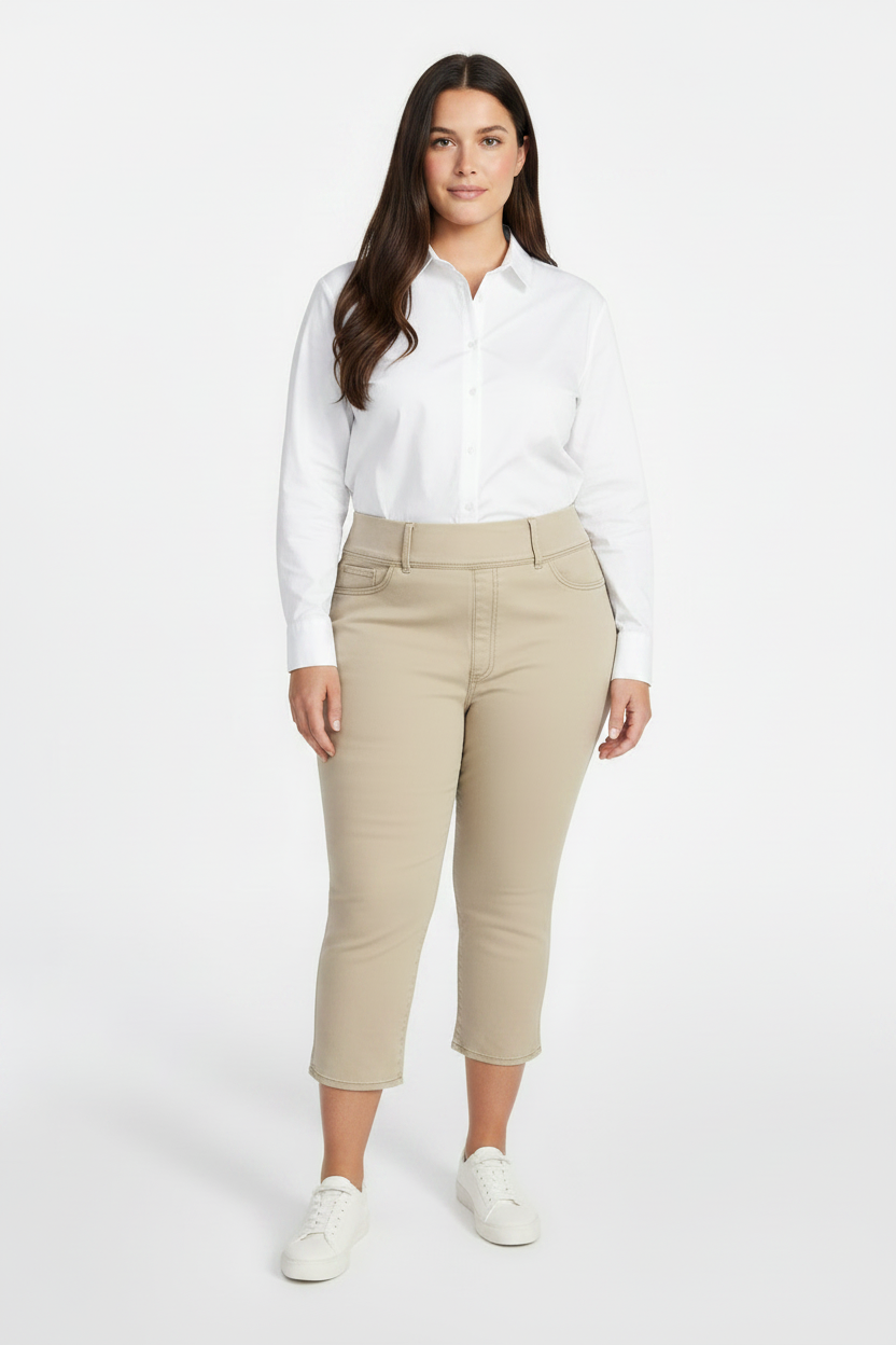 Womens PLUS Size Pull On High Rise Capri Jeggings Tan Cropped