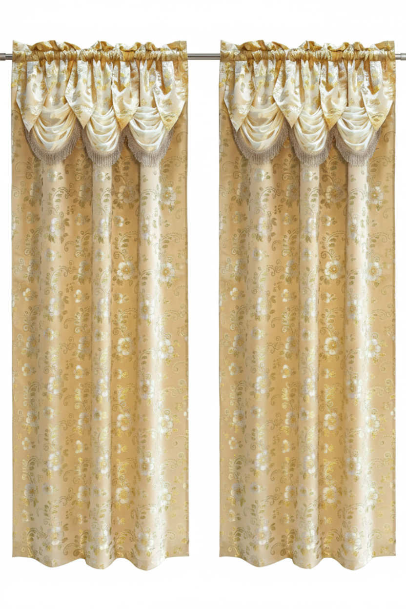 BEIGE BETHENNY Window Jacquard Curtain Panel with attached Tassel Valance Beige