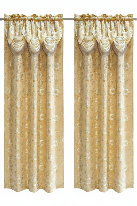 BEIGE BETHENNY Window Jacquard Curtain Panel with attached Tassel Valance Beige