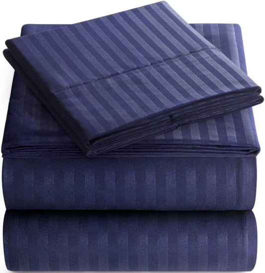 Luxury 6 piece Sheet Set Damask Stripe Soft 1800 Navy QUEEN