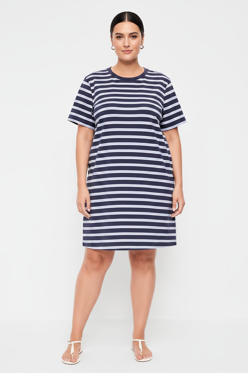 Women's Vintage Striped Crew-Neck Mini T-Shirt Dress