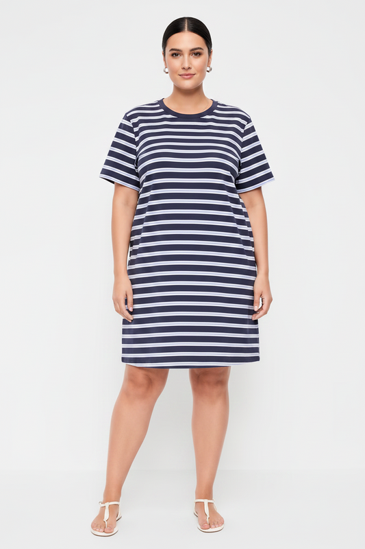 Women's Vintage Striped Crew-Neck Mini T-Shirt Dress