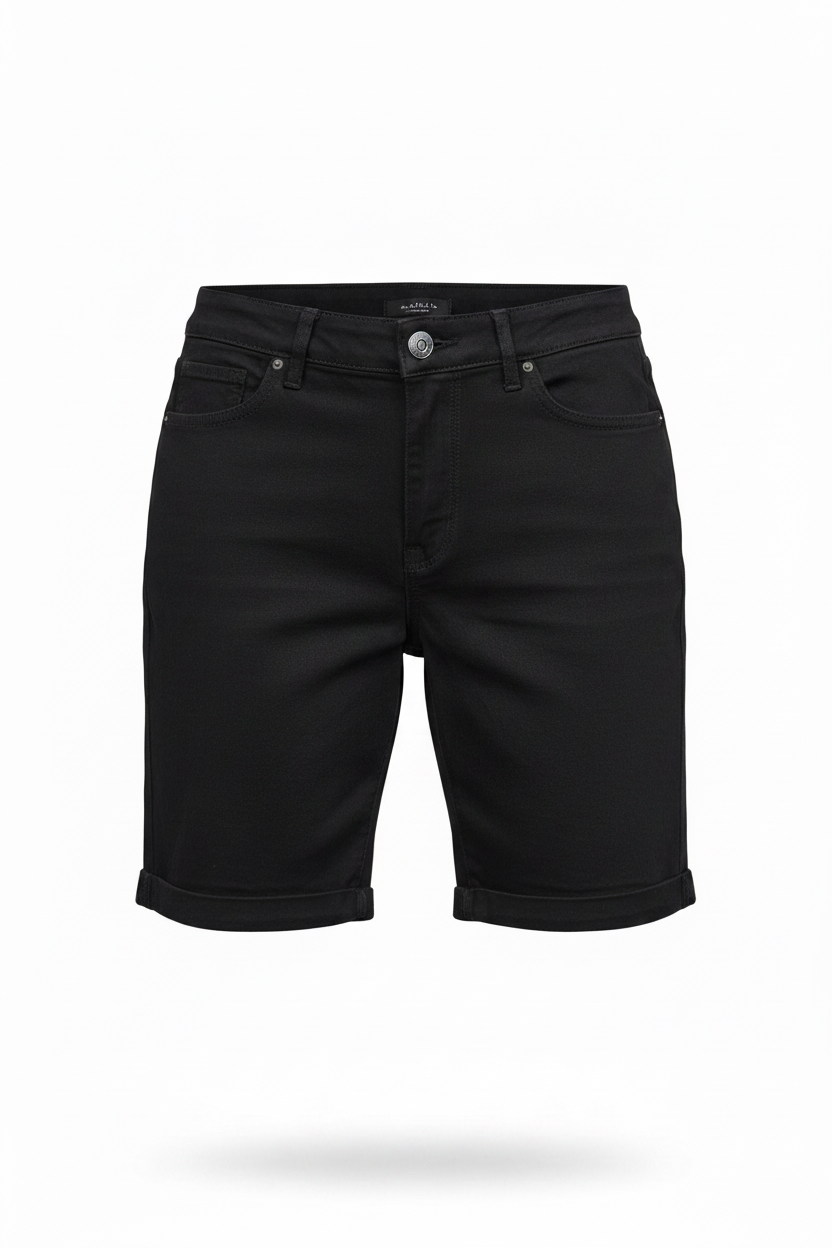 Women's Cuffed Long Knee Bermuda Jean Shorts Black