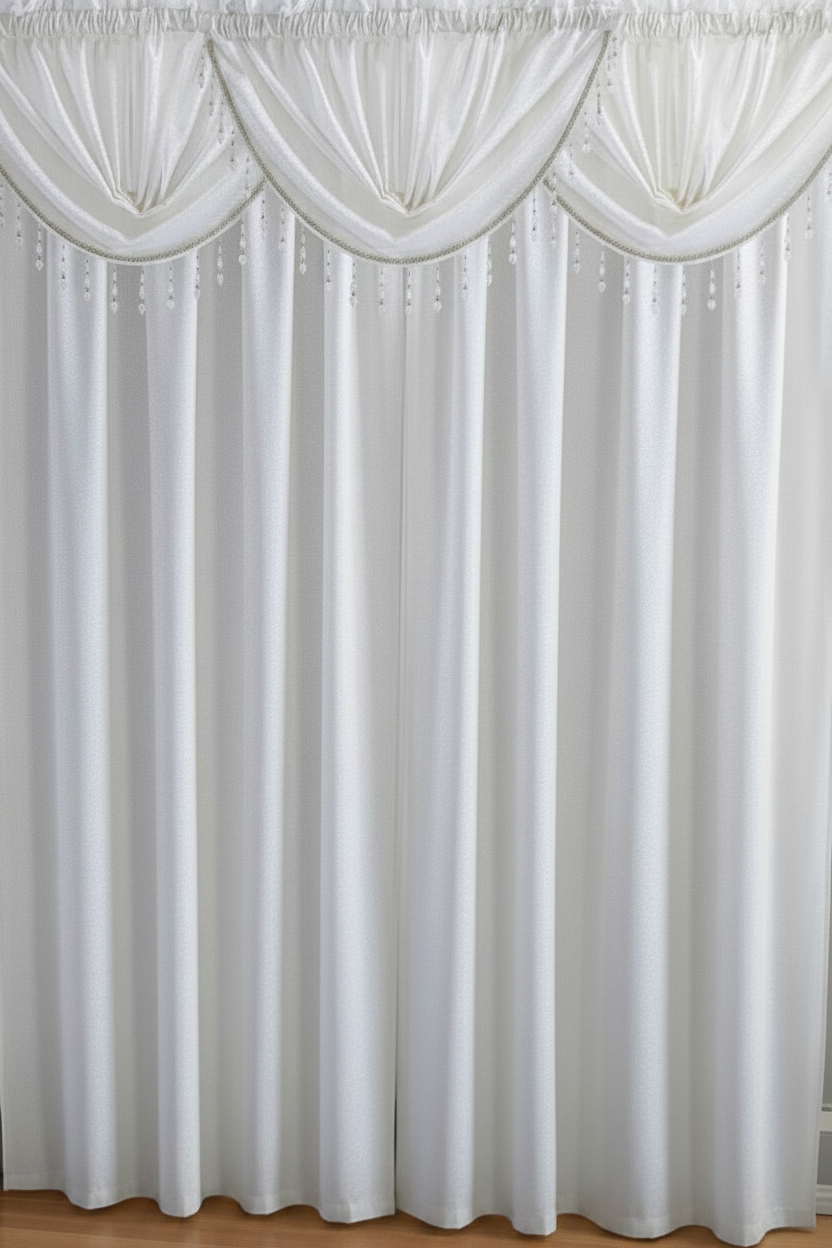 DENISE OFF WHITE 2 PCS Set White Pattern  W Unattached Valance Jacquard  Curtain