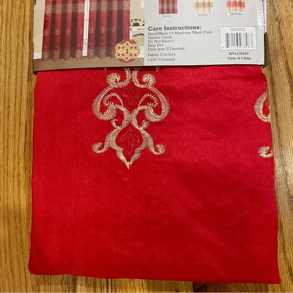 JENNY RED  Floral flowers Pattern Panel Curtain w attached lace valance Red Gold