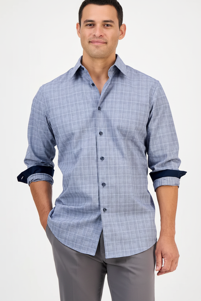 Men's Long sleeve  Blue Combo Pioloa Plaid button down 100% cotton Shirt