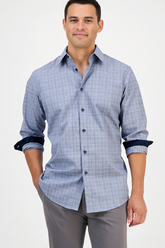 Men's Long sleeve  Blue Combo Pioloa Plaid button down 100% cotton Shirt