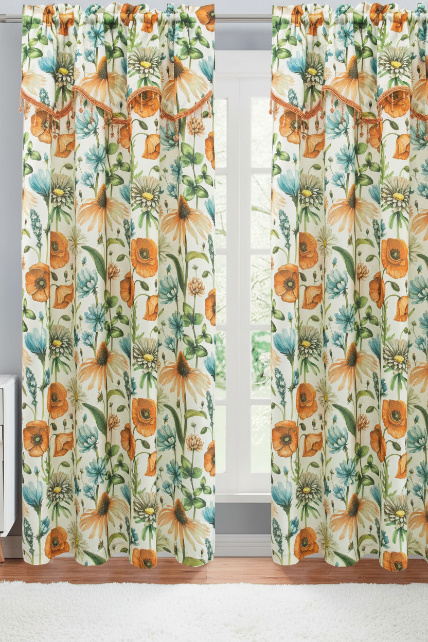 ELIZA Crepe  Pattern Panel Curtain w attached lace valance ORANGE