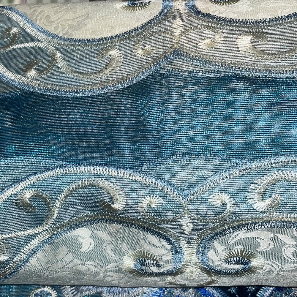 AMY BLUE Macrame jacquard  Pattern Panel Curtain w attached lace valance Blue