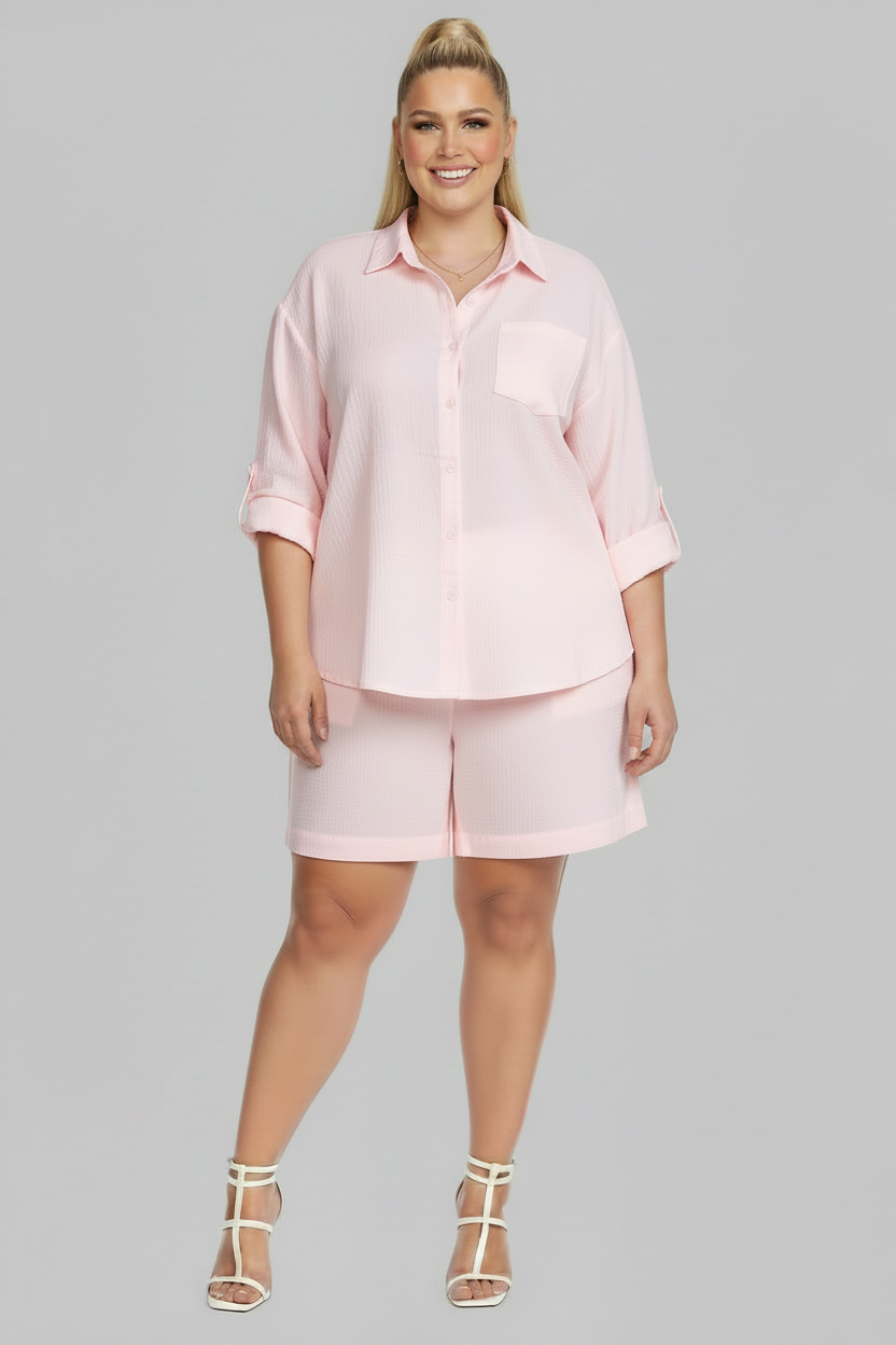 PLUS SIZE WOMEN'S 2 Piece Shirt w Shorts Outfit Set PINK