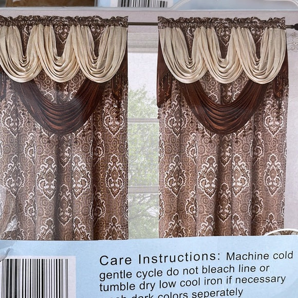 MARILYN  BROWN Jacquard  Pattern Panel Curtain w attached lace valance Brown
