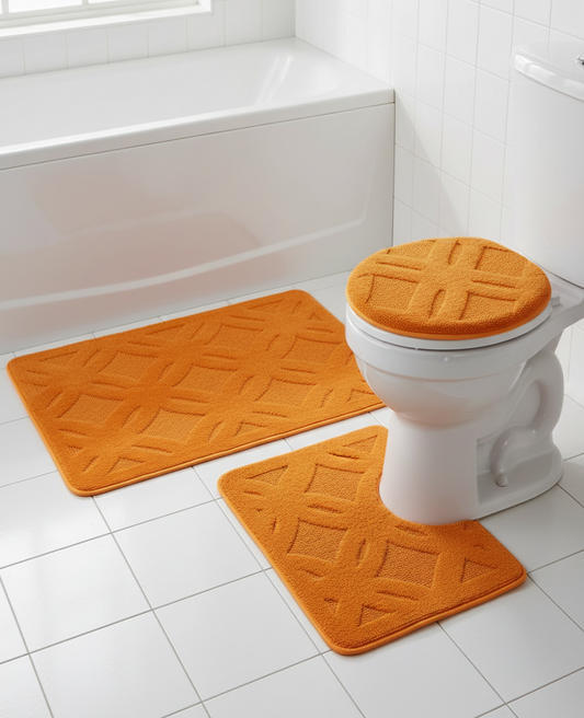 JANET ORANGE Soft 3 piece bathroom Mats Rug set Orange