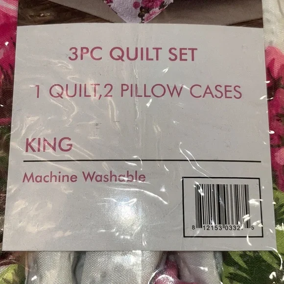 3 Piece Quilt Set pink Fuchsia Floral Flowers QUEEN New!