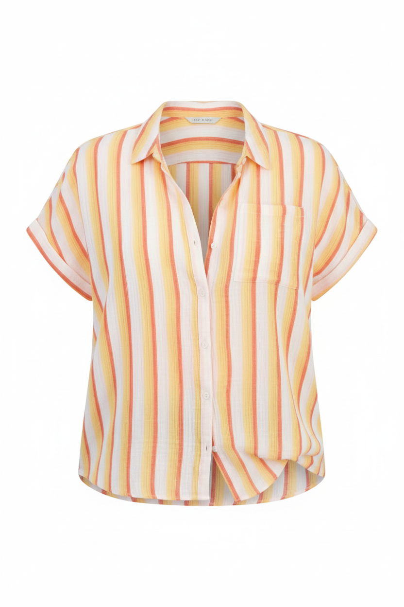 PLUS size Women's Striped Camp Short sleeve 100% Cotton  Shirt Orange