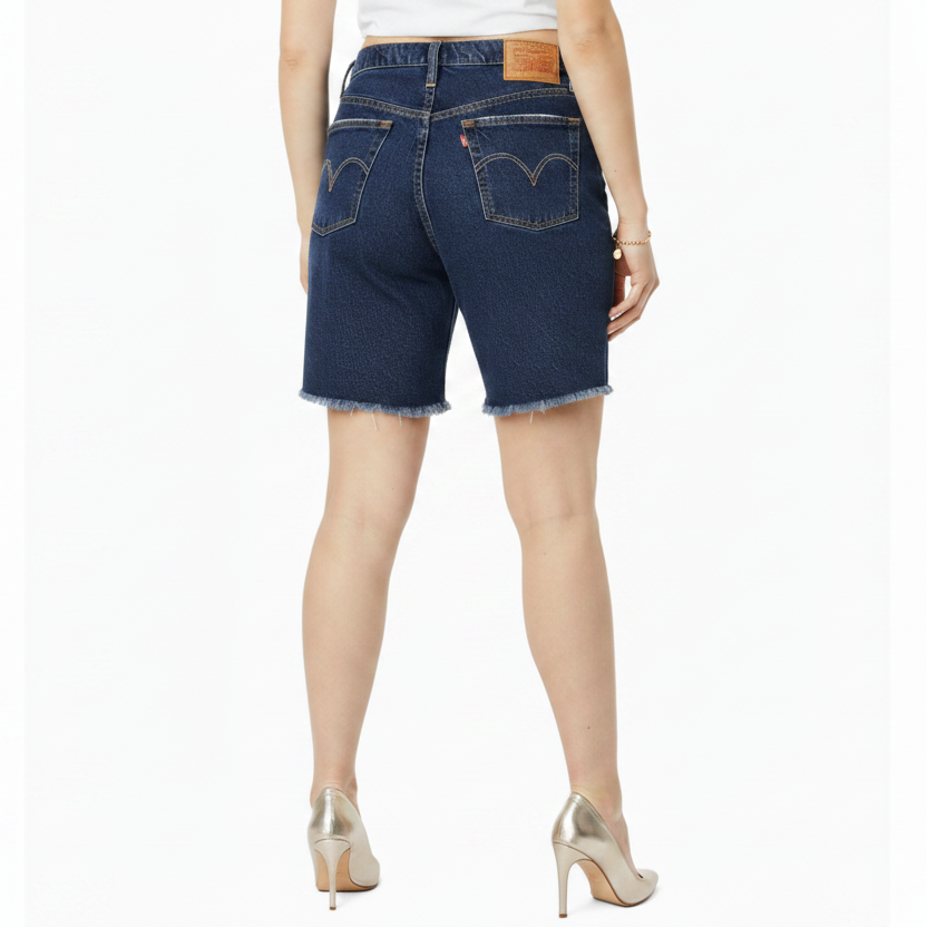 Levi's Dark Wash High Rise Long mid Thigh Frayed Denim Shorts