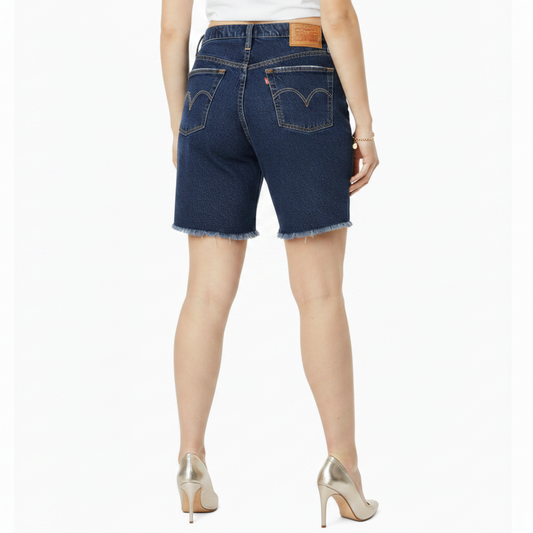 Levi's Dark Wash High Rise Long mid Thigh Frayed Denim Shorts